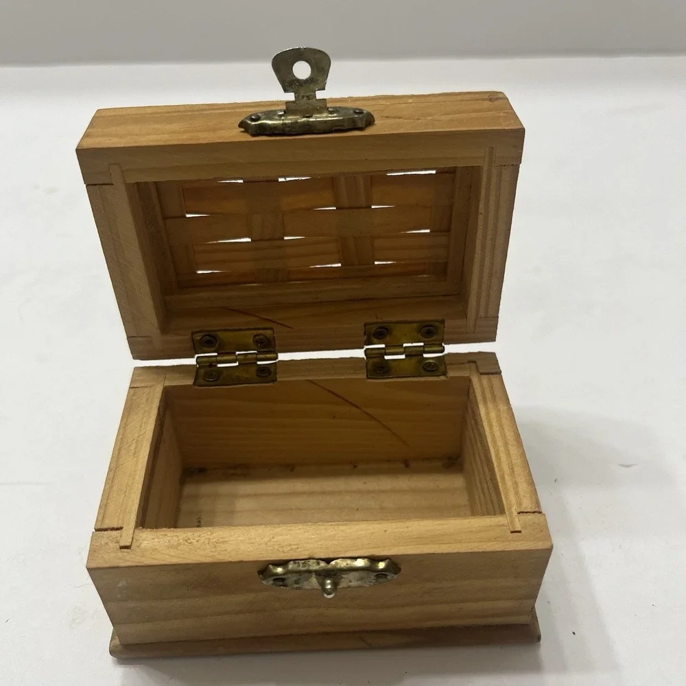 Wooden Handmade Mini Trinket Box Woven Hinged Lid Metal Latch 3.5x2.25x2